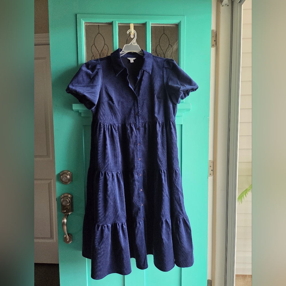 Chic Navy Button-Up Corduroy Dress
